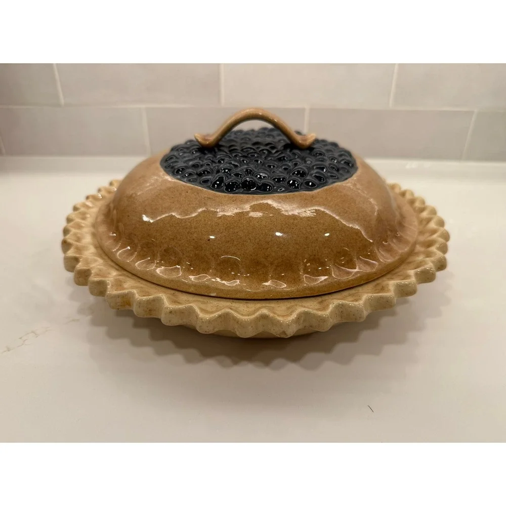 Vintage Ceramic Blueberry Pie Dish w Lid and Recipe Speckled Tan 11 Inch Baker